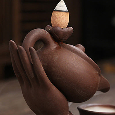 Buddha Stones Buddha Hand Holding Teapot Cup Ceramic Backflow Smoke Fountain Healing Incense Burner Decoration - image 16