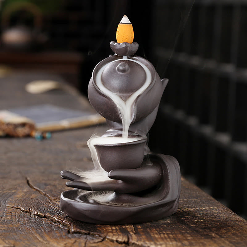 Buddha Stones Buddha Hand Holding Teapot Cup Ceramic Backflow Smoke Fountain Healing Incense Burner Decoration - image 2