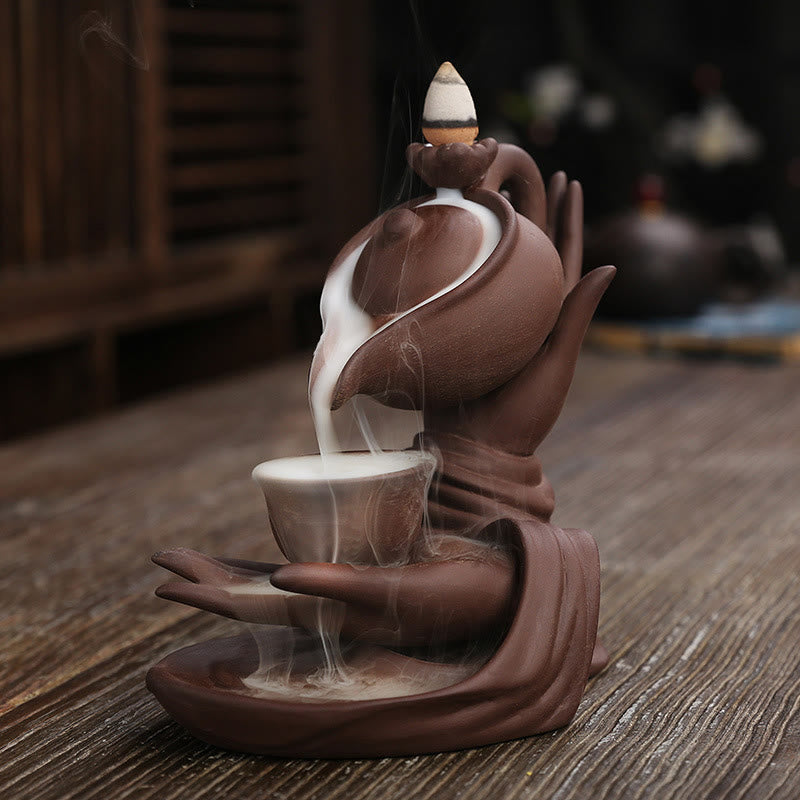 Buddha Stones Buddha Hand Holding Teapot Cup Ceramic Backflow Smoke Fountain Healing Incense Burner Decoration - Brown Red 13.7*9*13.9cm - image 12