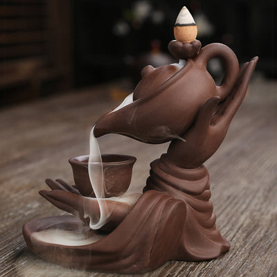 Buddha Stones Buddha Hand Holding Teapot Cup Ceramic Backflow Smoke Fountain Healing Incense Burner Decoration - image 13
