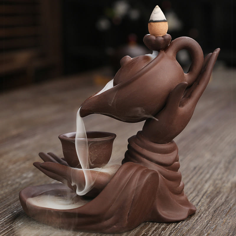 Buddha Stones Buddha Hand Holding Teapot Cup Ceramic Backflow Smoke Fountain Healing Incense Burner Decoration - image 13