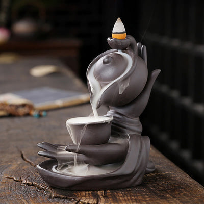 Buddha Stones Buddha Hand Holding Teapot Cup Ceramic Backflow Smoke Fountain Healing Incense Burner Decoration - image 5