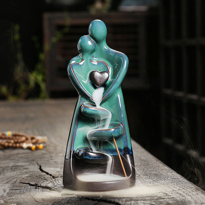 Buddha Stones Lovers Couple Embrace Love Ceramic Backflow Smoke Fountain Healing Incense Burner Decoration - 7.3*7.4*17.4cm - image 1