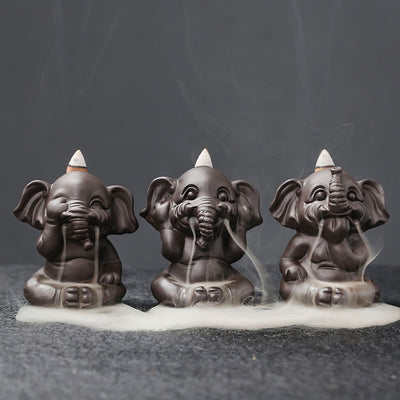 Buddha Stones Cute Elephant Purple Clay Backflow Smoke Fountain Peace Healing Incense Burner Decoration - 3Pcs Elephant Set - image 1