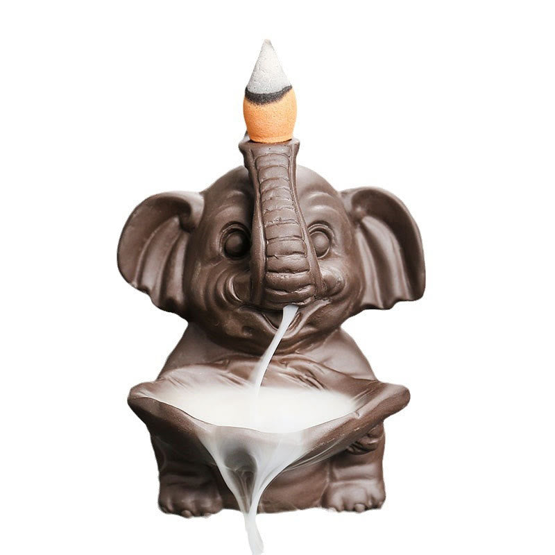 Buddha Stones Little Elephant Holding Leaf Purple Clay Backflow Smoke Fountain Healing Incense Burner Decoration - image 18