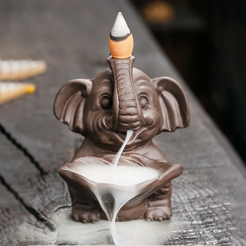 Buddha Stones Little Elephant Holding Leaf Purple Clay Backflow Smoke Fountain Healing Incense Burner Decoration - 7.4*7.9*10.5cm - image 1