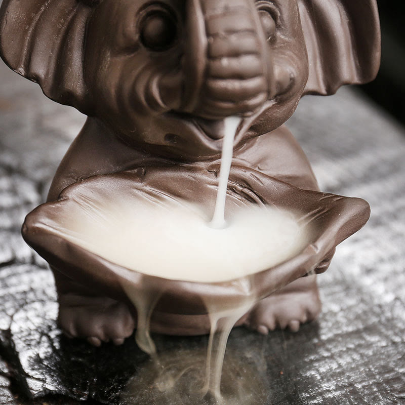Buddha Stones Little Elephant Holding Leaf Purple Clay Backflow Smoke Fountain Healing Incense Burner Decoration - image 13