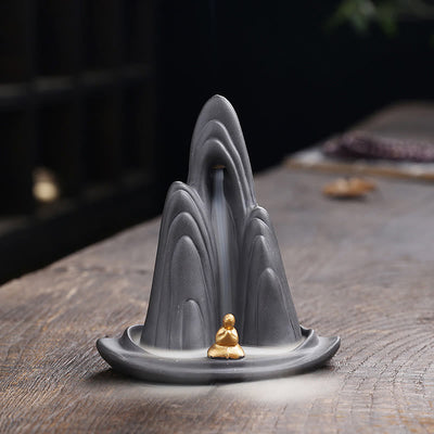 Buddha Stones Little Monk Mountains Flowing Water Purple Clay Ceramic Healing Backflow Incense Burner Decoration - 10*6.6*10.8cm(without incense) - image 1