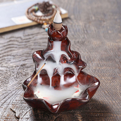 Buddha Stones Lotus Leaf Koi Fish Ceramic Backflow Smoke Fountain Peace Incense Burner Decoration - Red 11.5*11*10cm - image 16