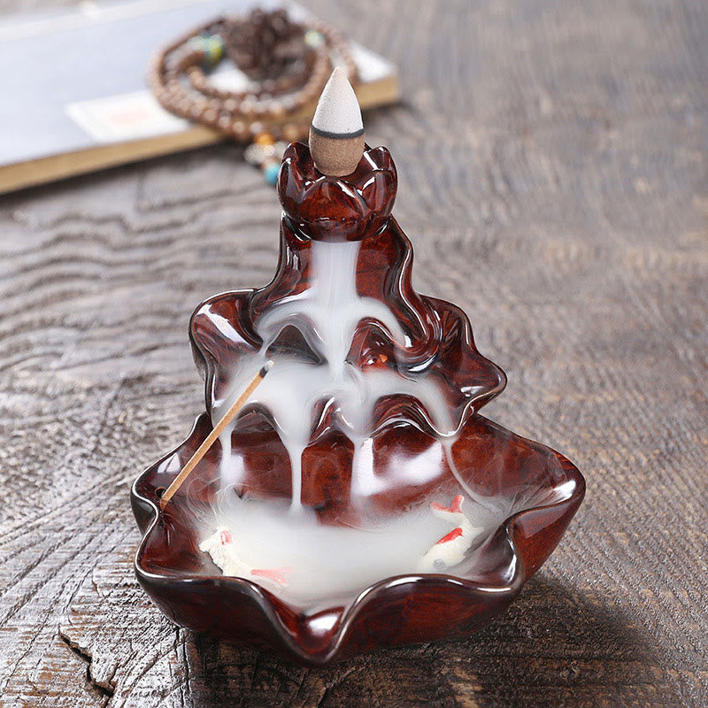 Buddha Stones Lotus Leaf Koi Fish Ceramic Backflow Smoke Fountain Peace Incense Burner Decoration - Red 11.5*11*10cm - image 16