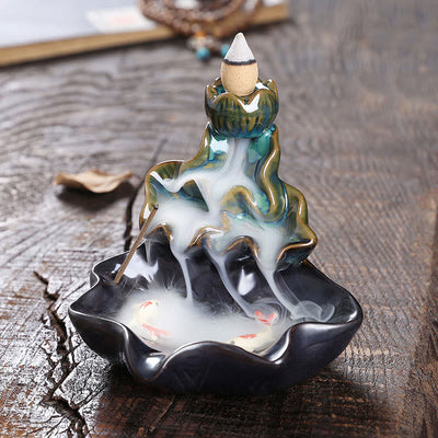 Buddha Stones Lotus Leaf Koi Fish Ceramic Backflow Smoke Fountain Peace Incense Burner Decoration - Blue 11.5*11*10cm - image 1