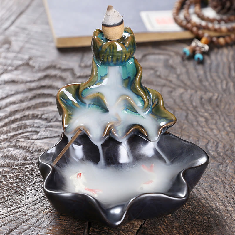 Buddha Stones Lotus Leaf Koi Fish Ceramic Backflow Smoke Fountain Peace Incense Burner Decoration - image 3