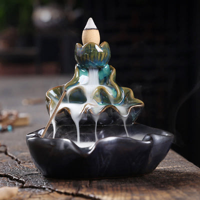 Buddha Stones Lotus Leaf Koi Fish Ceramic Backflow Smoke Fountain Peace Incense Burner Decoration - image 6