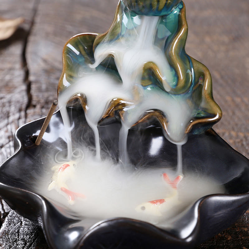 Buddha Stones Lotus Leaf Koi Fish Ceramic Backflow Smoke Fountain Peace Incense Burner Decoration - image 8