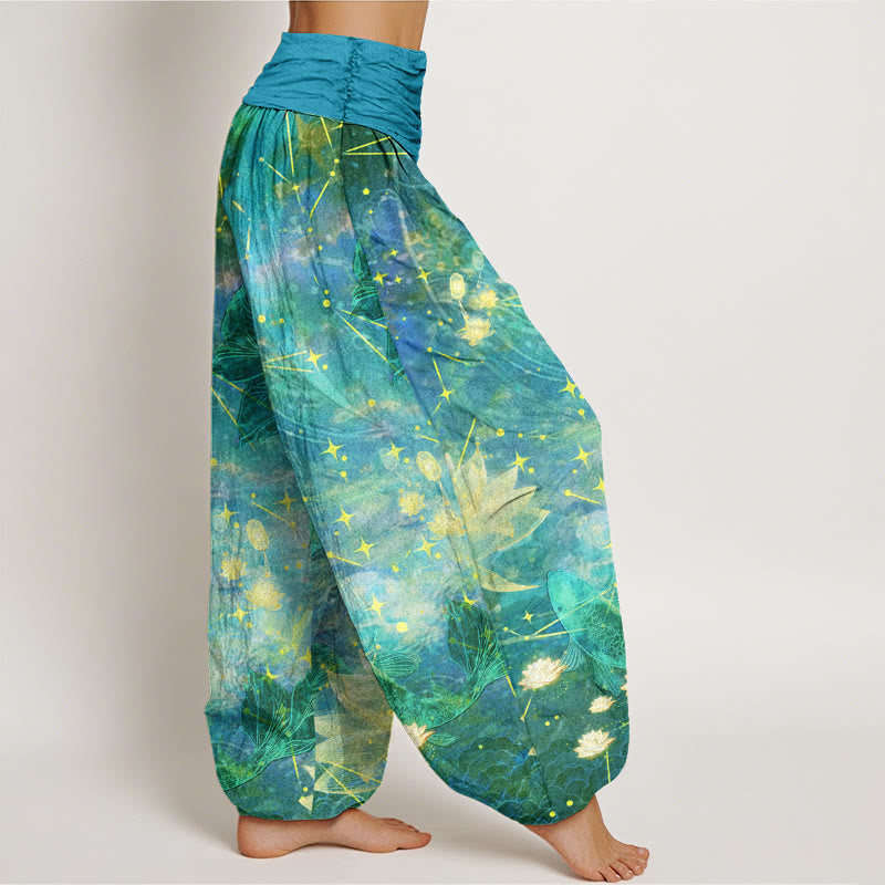 Buddha Stones Cotton Koi Fish Lotus Moon Stars Pattern Women's Elastic Waist Harem Pants - image 8