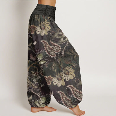 Buddha Stones Cotton Casual Floral Leaves Women's Elastic Waist Harem Pants - image 1