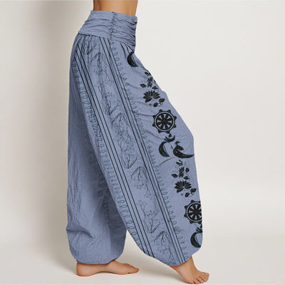 Buddha Stones Cotton Dharma Wheel Lotus OM Pattern Women's Elastic Waist Harem Pants - image 1