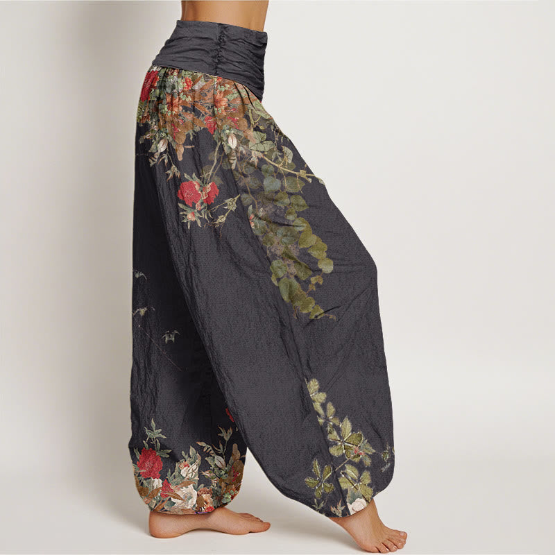 Buddha Stones Casual Red Peony Flower Vine Design Women's Elastic Waist Harem Pants - image 2