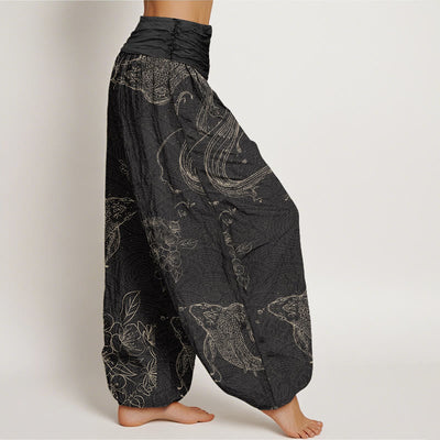 Buddha Stones Cotton Koi Fish Floral Pattern Women's Elastic Waist Harem Pants - image 1