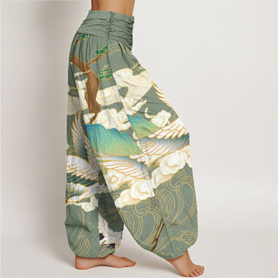 Buddha Stones Flying Cranes Auspicious Clouds Tree women's Elastic Waist Harem Pants - image 6