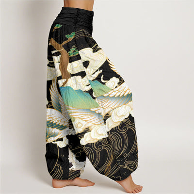 Buddha Stones Flying Cranes Auspicious Clouds Tree women's Elastic Waist Harem Pants - image 2