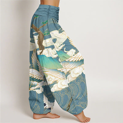 Buddha Stones Flying Cranes Auspicious Clouds Tree women's Elastic Waist Harem Pants - image 9