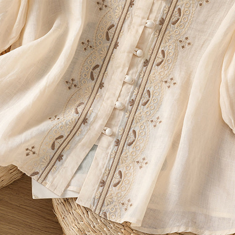 Buddha Stones Casual Embroidery Frog-Button Polyester Half Sleeve Women's V-neck Shirt - image 5