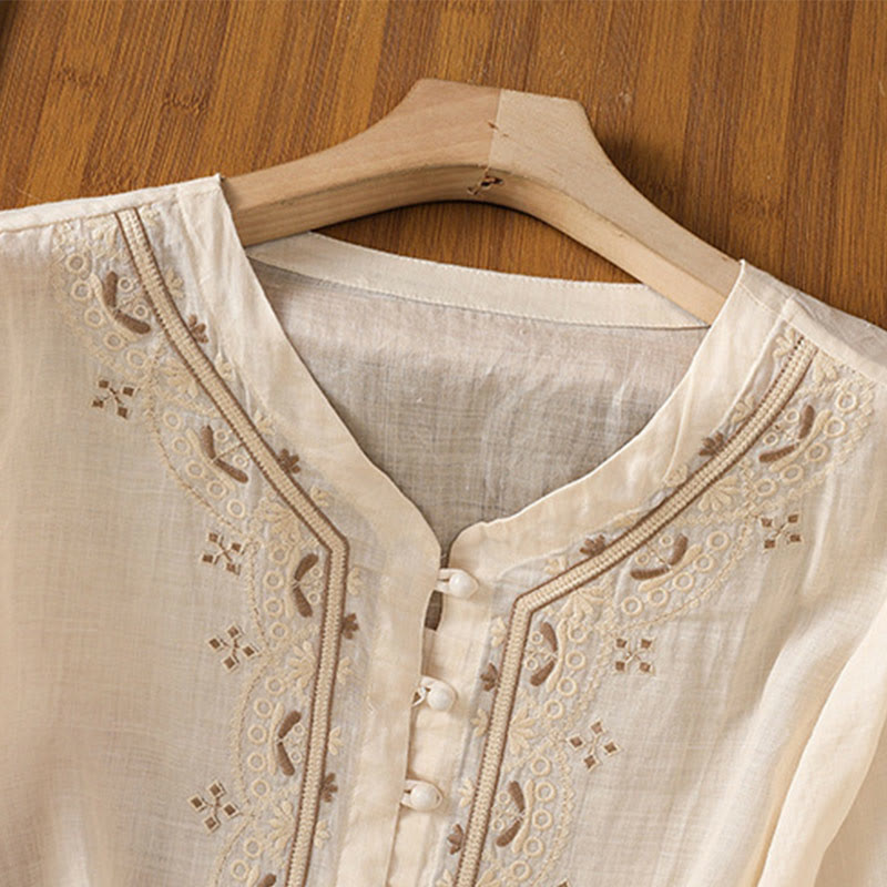 Buddha Stones Casual Embroidery Frog-Button Polyester Half Sleeve Women's V-neck Shirt - image 2