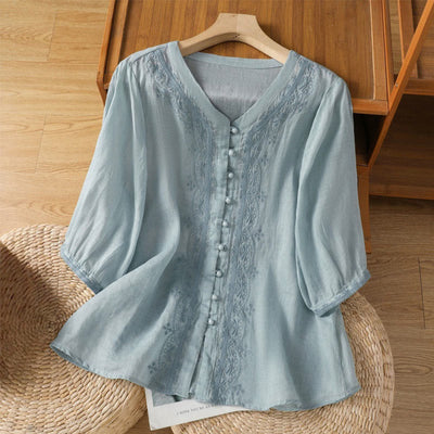 Buddha Stones Casual Embroidery Frog-Button Polyester Half Sleeve Women's V-neck Shirt - SkyBlue - US12，UK/AU16，EU44 (2XL) - image 6