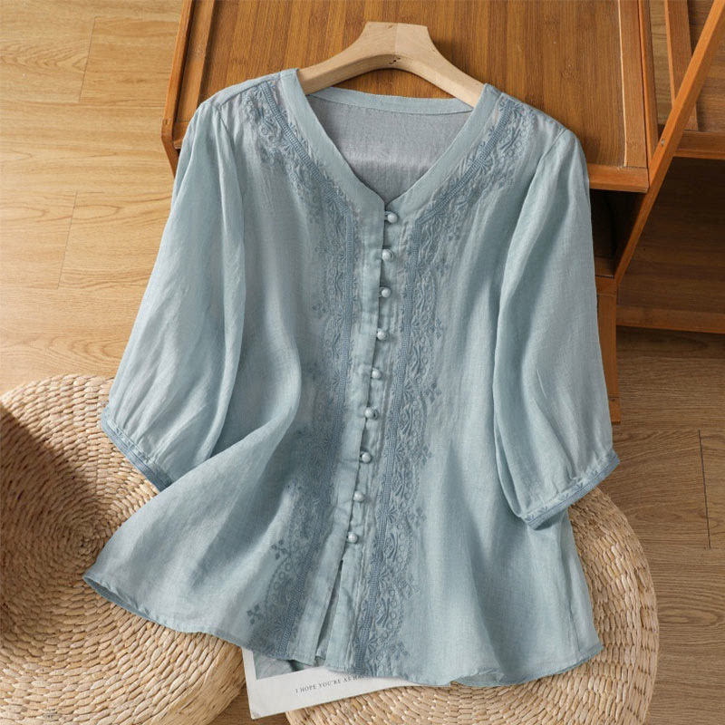 Buddha Stones Casual Embroidery Frog-Button Polyester Half Sleeve Women's V-neck Shirt - SkyBlue - US12，UK/AU16，EU44 (2XL) - image 6