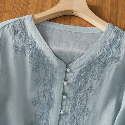 Buddha Stones Casual Embroidery Frog-Button Polyester Half Sleeve Women's V-neck Shirt - image 10