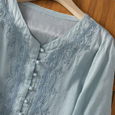 Buddha Stones Casual Embroidery Frog-Button Polyester Half Sleeve Women's V-neck Shirt - image 9