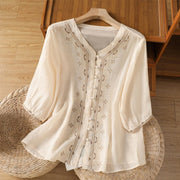 Foviel Casual Stickerei Frog-Button Polyester Halbarm Damen V-Ausschnitt Hemd