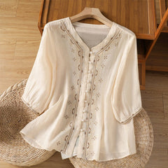 Buddha Stones Casual Embroidery Frog-Button Polyester Half Sleeve Women's V-neck Shirt - Beige - US12，UK/AU16，EU44 (2XL) - image 1