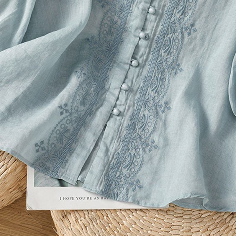 Buddha Stones Casual Embroidery Frog-Button Polyester Half Sleeve Women's V-neck Shirt - image 11