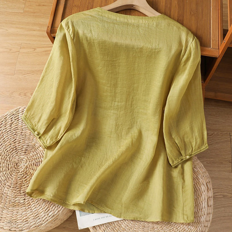 Buddha Stones Casual Embroidery Frog-Button Polyester Half Sleeve Women's V-neck Shirt - image 13
