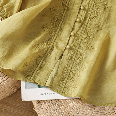 Buddha Stones Casual Embroidery Frog-Button Polyester Half Sleeve Women's V-neck Shirt - image 18