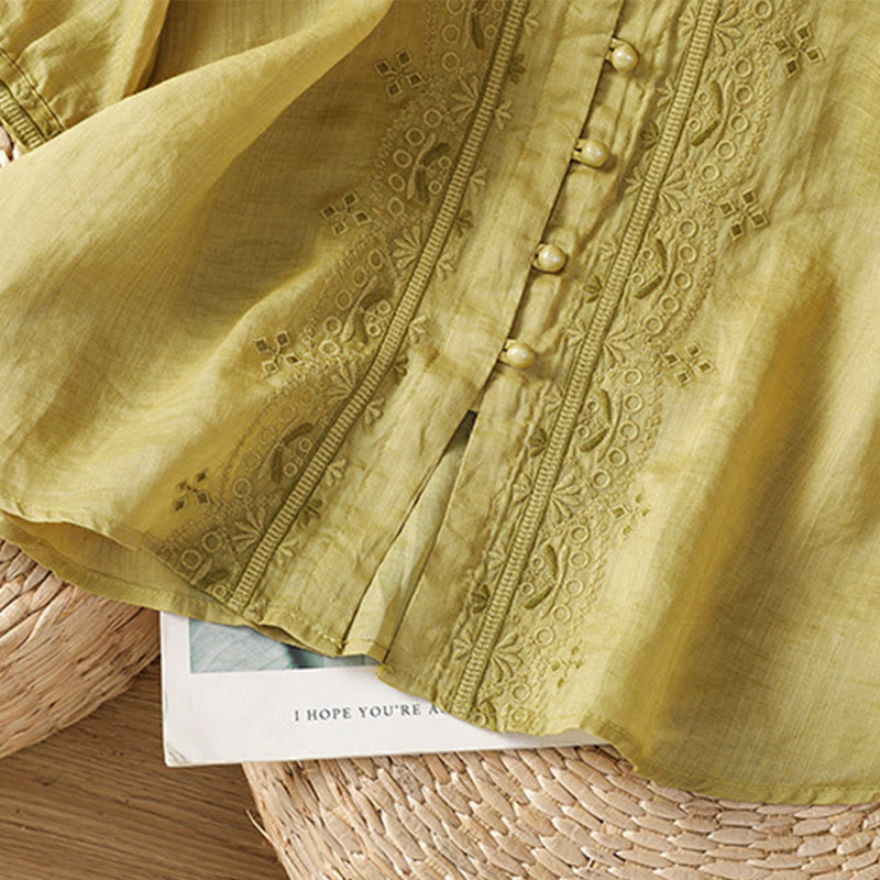 Buddha Stones Casual Embroidery Frog-Button Polyester Half Sleeve Women's V-neck Shirt - image 18