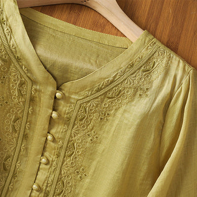 Buddha Stones Casual Embroidery Frog-Button Polyester Half Sleeve Women's V-neck Shirt - image 17