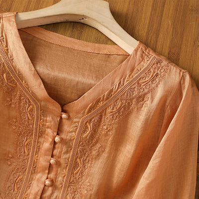Buddha Stones Casual Embroidery Frog-Button Polyester Half Sleeve Women's V-neck Shirt - image 21