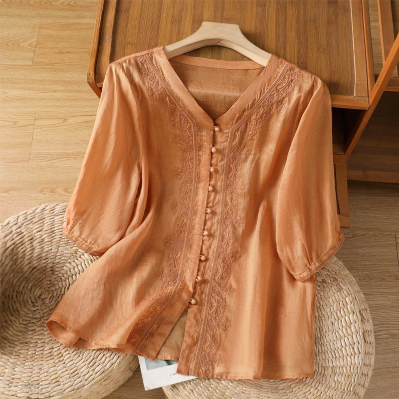 Buddha Stones Casual Embroidery Frog-Button Polyester Half Sleeve Women's V-neck Shirt - SandyBrown - US12，UK/AU16，EU44 (2XL) - image 19