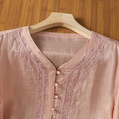 Buddha Stones Casual Embroidery Frog-Button Polyester Half Sleeve Women's V-neck Shirt - image 30