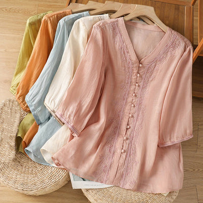 Buddha Stones Casual Embroidery Frog-Button Polyester Half Sleeve Women's V-neck Shirt - image 32
