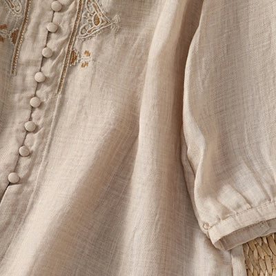 Buddha Stones Casual Embroidery Single Breasted Button Half Sleeve Women's V-neck Shirt - image 23