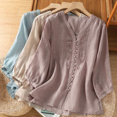 Buddha Stones Casual Embroidery Single Breasted Button Half Sleeve Women's V-neck Shirt - image 28