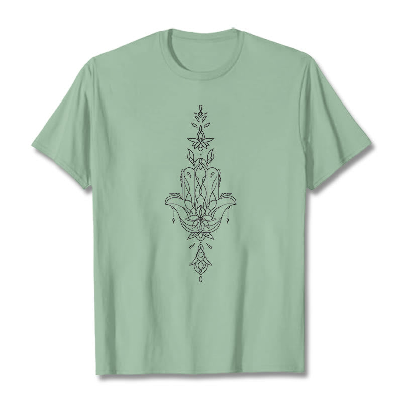 Buddha Stones Hamsa Hand Lotus Flower Pattern Tee T-shirt - PaleGreen - 2XL - image 16