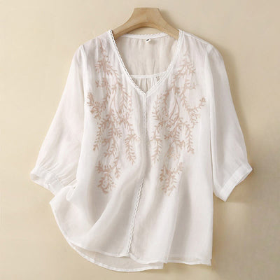 Buddha Stones Summer Casual Flower Branches Embroidered Pattern V-Neck Half Sleeve Women's T-shirt - White - US8-10，UK/AU12-14，EU40-42 (2XL) - image 5