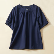 Foviel Casual Einfarbig Knopf für Damen Kurzarm Baumwolle Leinen T-Shirt