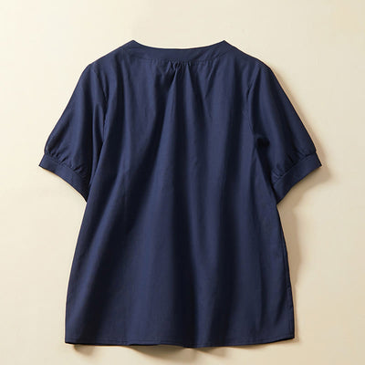 Buddha Stones Casual Plain Button Women's Short Sleeve Cotton Linen T-shirt - image 6