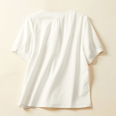 Buddha Stones Casual Plain Button Women's Short Sleeve Cotton Linen T-shirt - image 4